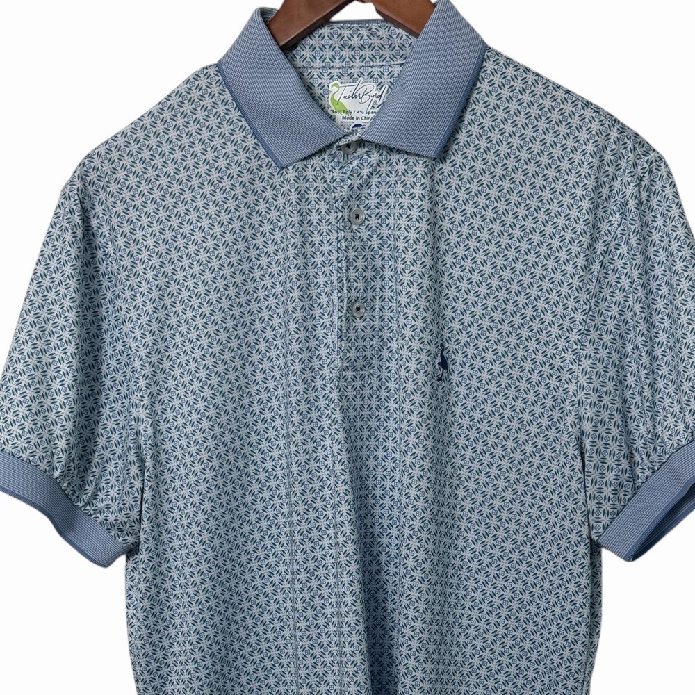TailorByrd Polo Shirt Mens Medium Green Blue Geometric Golf Performance Stretch